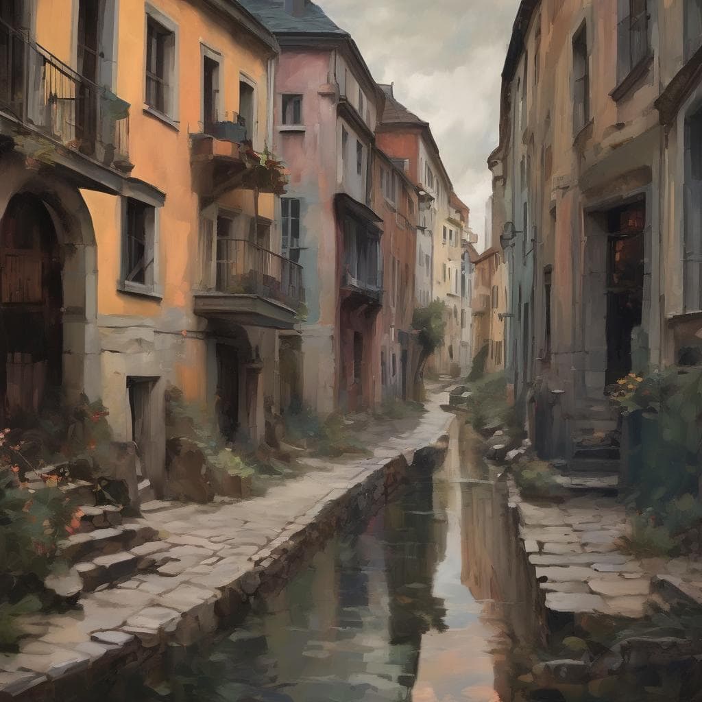 παλιά πόλη με κανάλι και πολύχρωμα κτίρια, καλλιτεχνική απεικόνιση, τέχνη στην ανθρώπινη έκφραση, ζωγραφική δρόμου, πολιτισμική τέχνη, ιστορική αρχιτεκτονική.