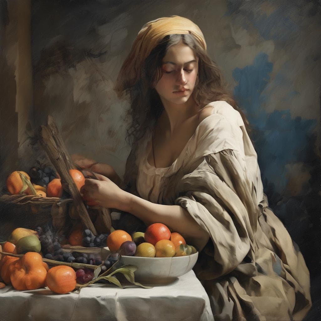 Ζωγραφική με τίτλο "Ο ρόλος της τέχνης στην ανθρώπινη έκφραση", νεαρή γυναίκα με φρούτα, δημιουργική τέχνη και ανθρώπινη έκφραση.