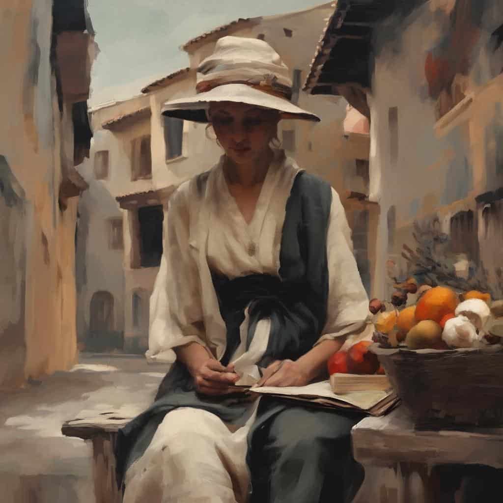 Ρόλος της τέχνης στην ανθρώπινη έκφραση, ζωγραφική με γυναίκα σε παραδοσιακή ενδυμασία και καπέλο.