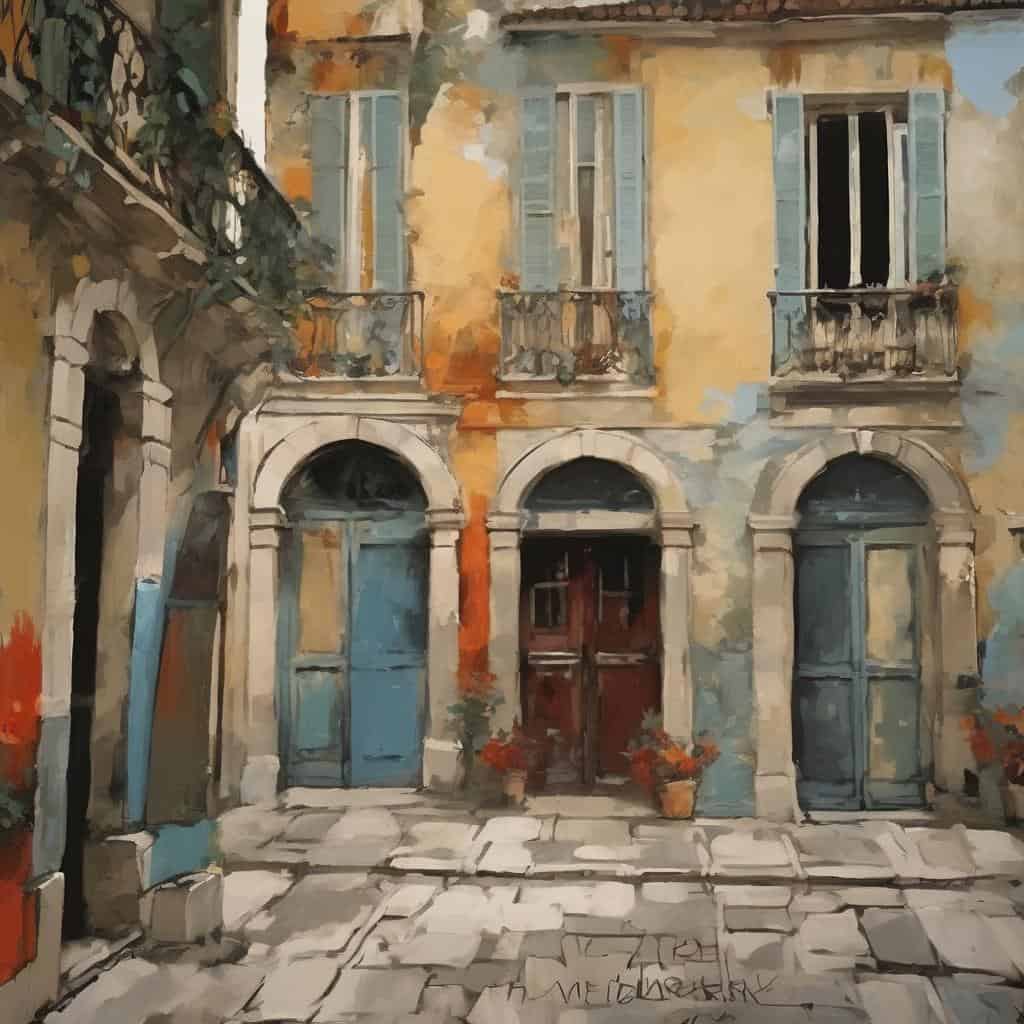 Ρόλος της Τέχνης στην ανθρώπινη έκφραση, εικαστική απεικόνιση παλιάς πόλης με αρχαία κτίρια και ανθοστήλες.