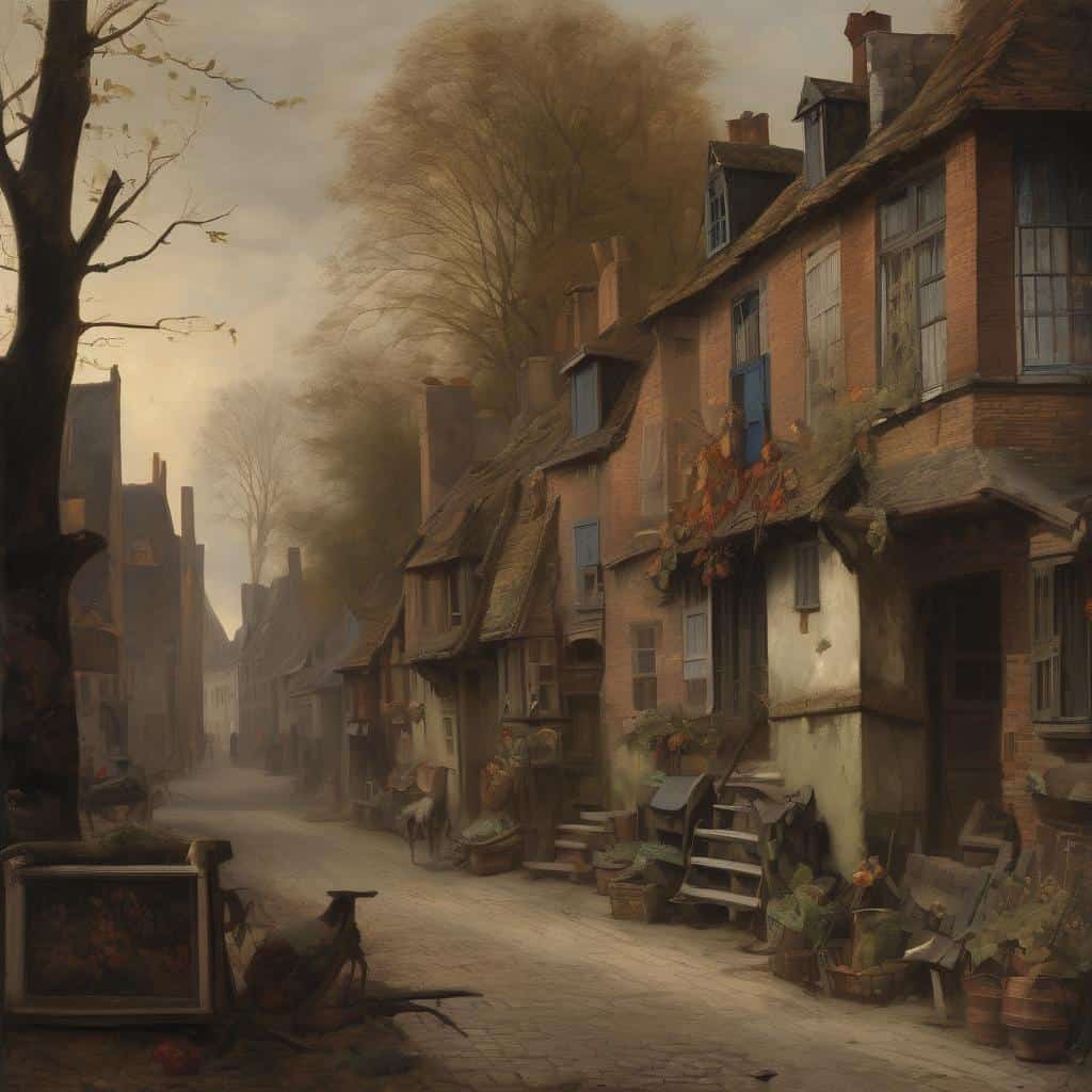 Παραδοσιακά, ρομαντικά αρχειακά σπίτια σε γειτονιά, τέχνη και ανθρώπινη έκφραση.